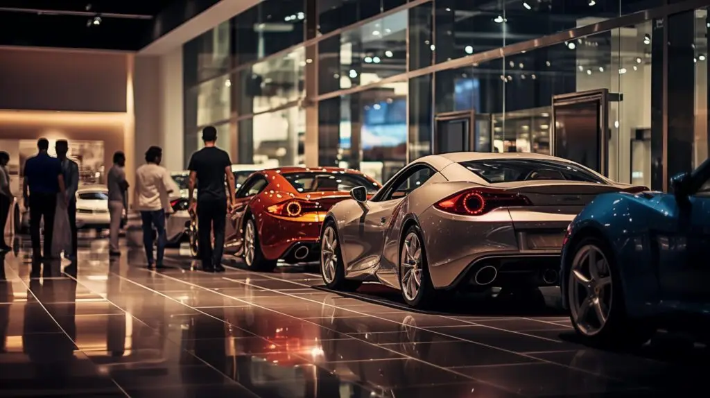 Luxury Ferrari sports cars on display inside a modern dealership showroom with reflective flooring and ambient lighting.
