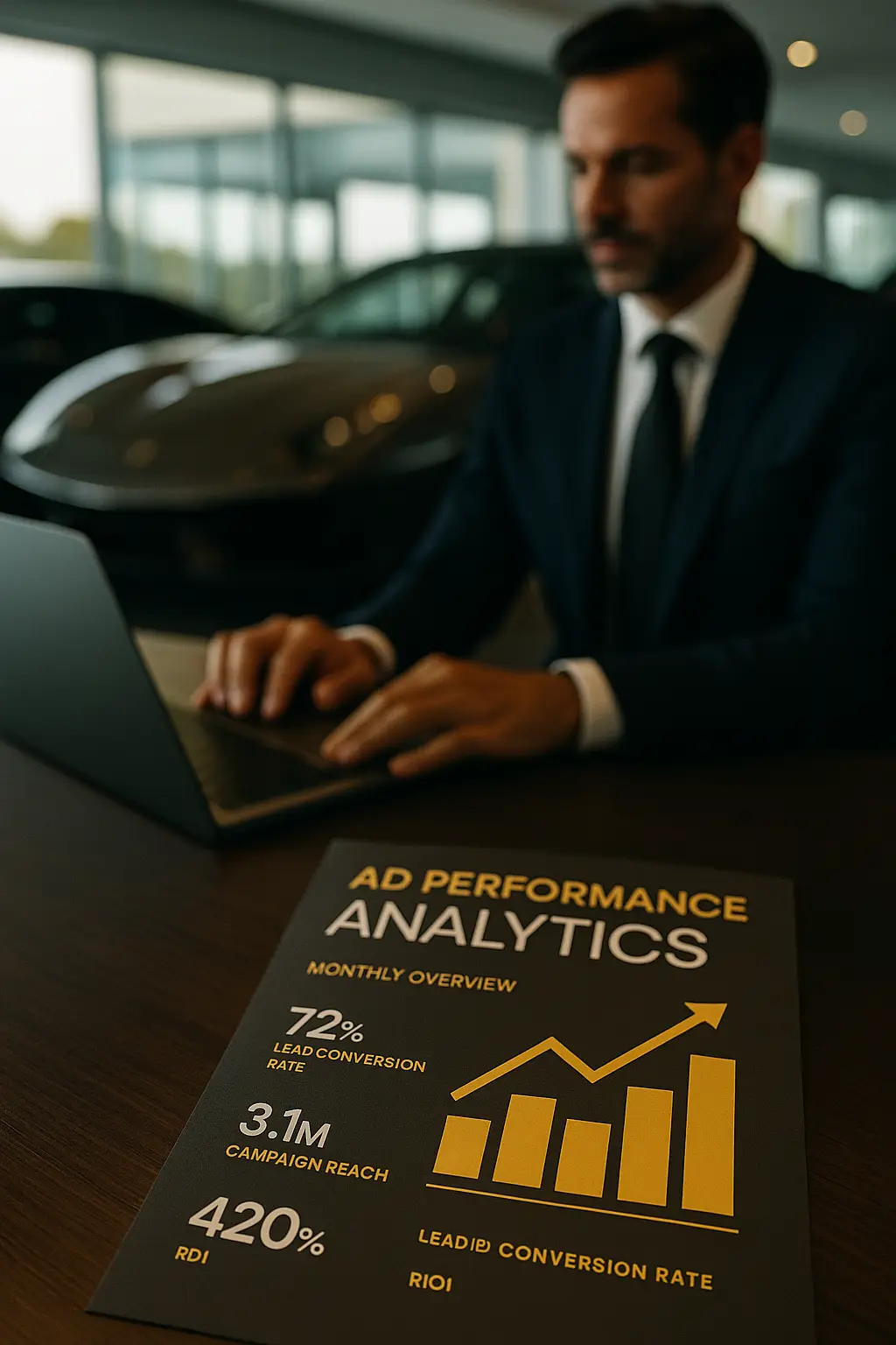 Marketing professional creating a digital campaign for a luxury auto dealership using social media platforms on a desktop computer