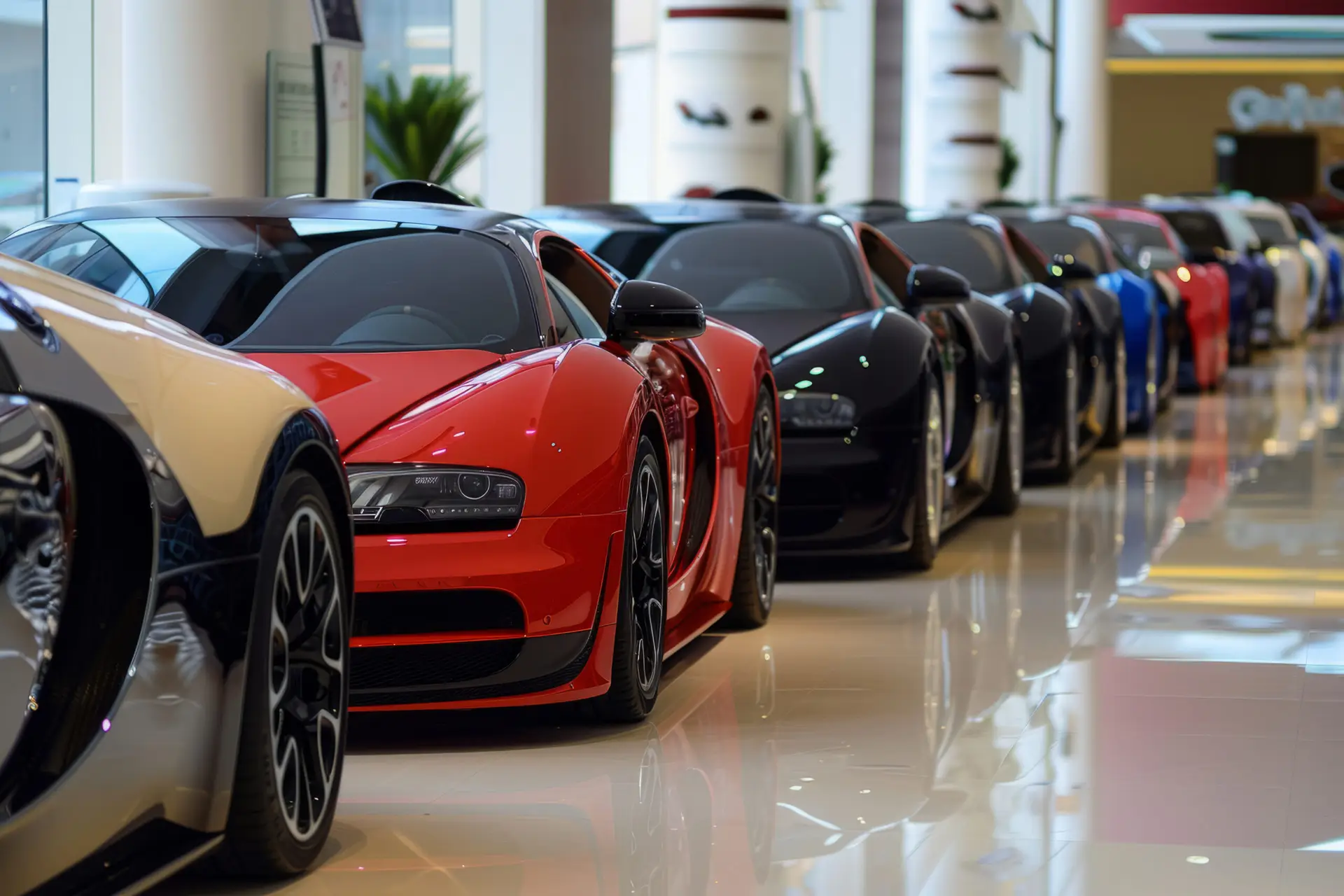 Lineup of luxury Bugatti supercars displayed in a high-end automotive showroom with polished floors and elegant lighting.