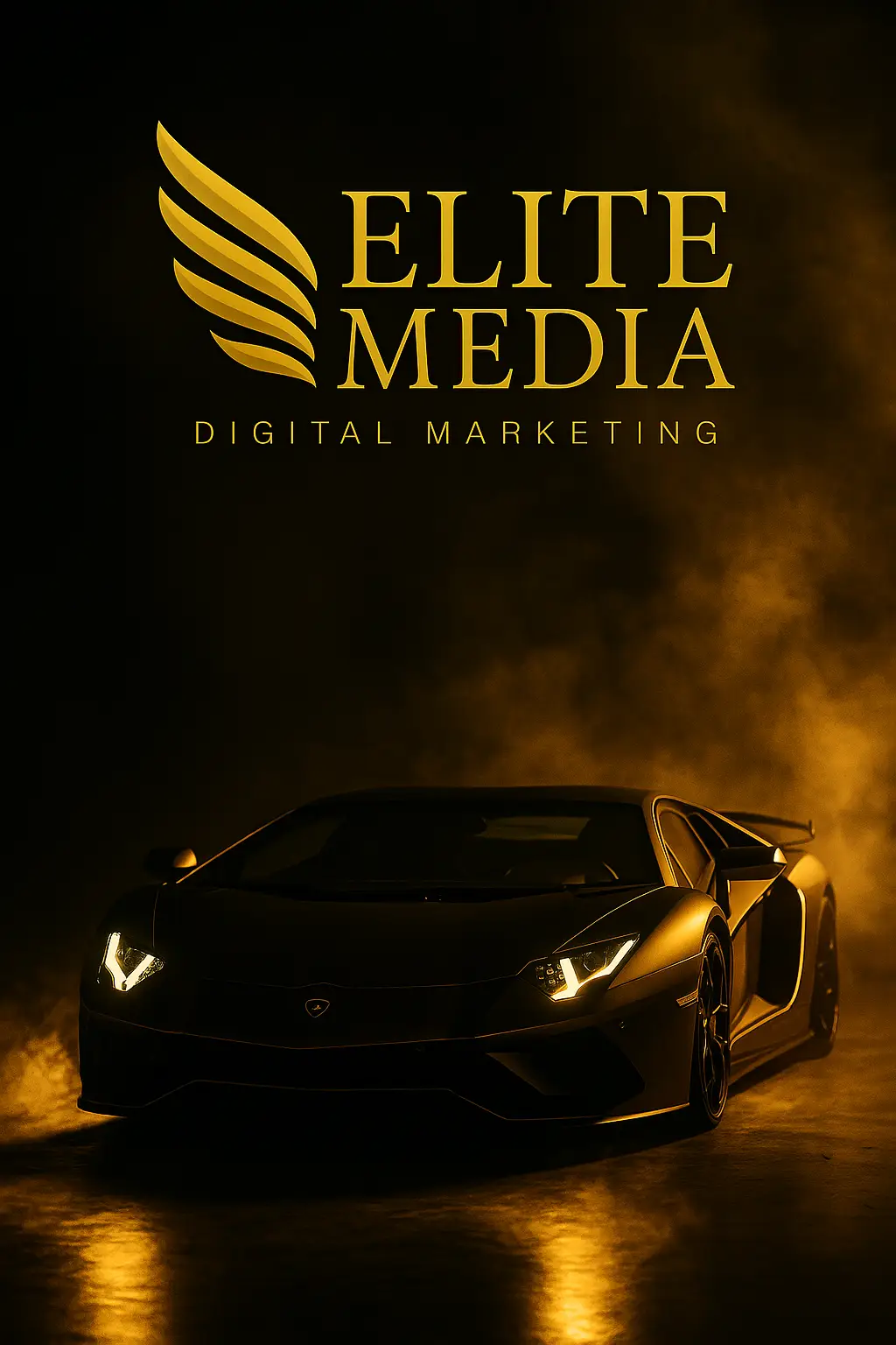 Elite Media Digital Marketing magazine cover featuring a Lamborghini Aventador in dramatic golden lighting and smoke.