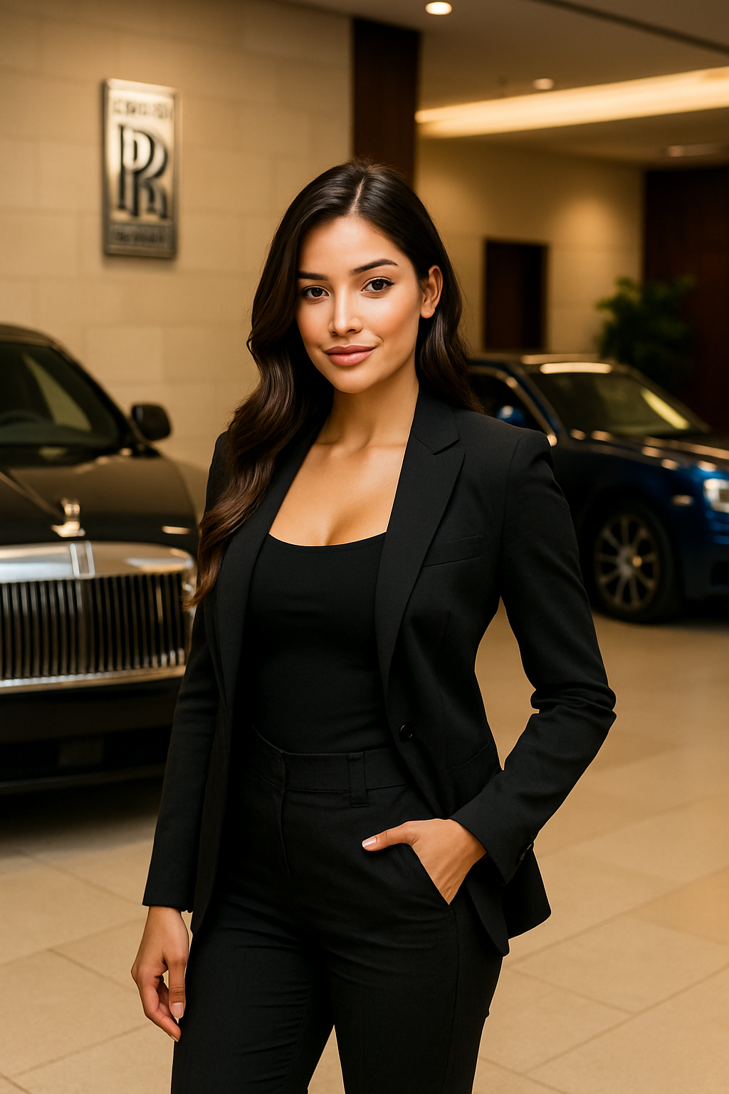 Confident female Rolls-Royce sales manager in a black suit posing inside a luxury car showroom.