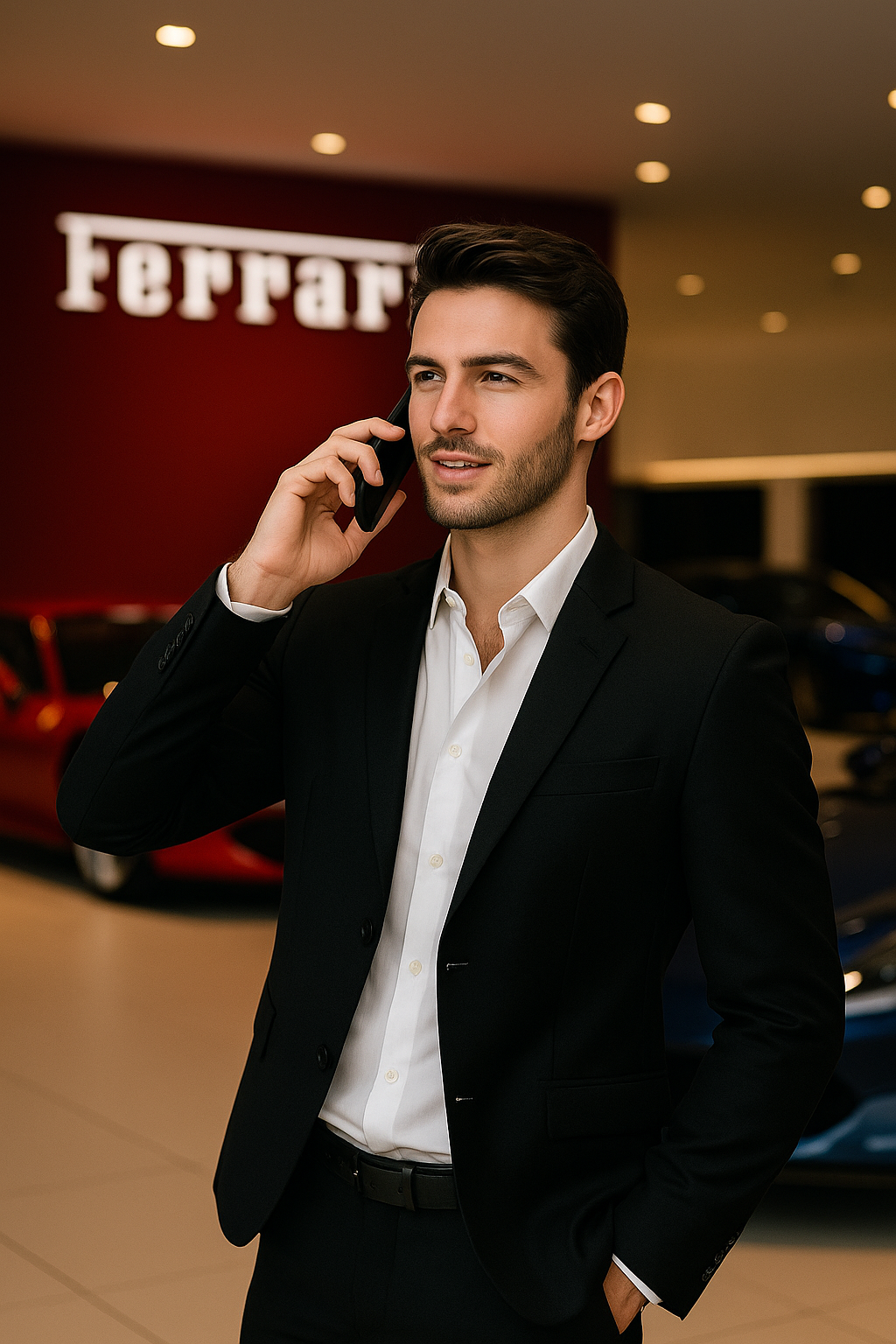 Confident male sales executive in a black suit speaking on the phone inside a Ferrari showroom.