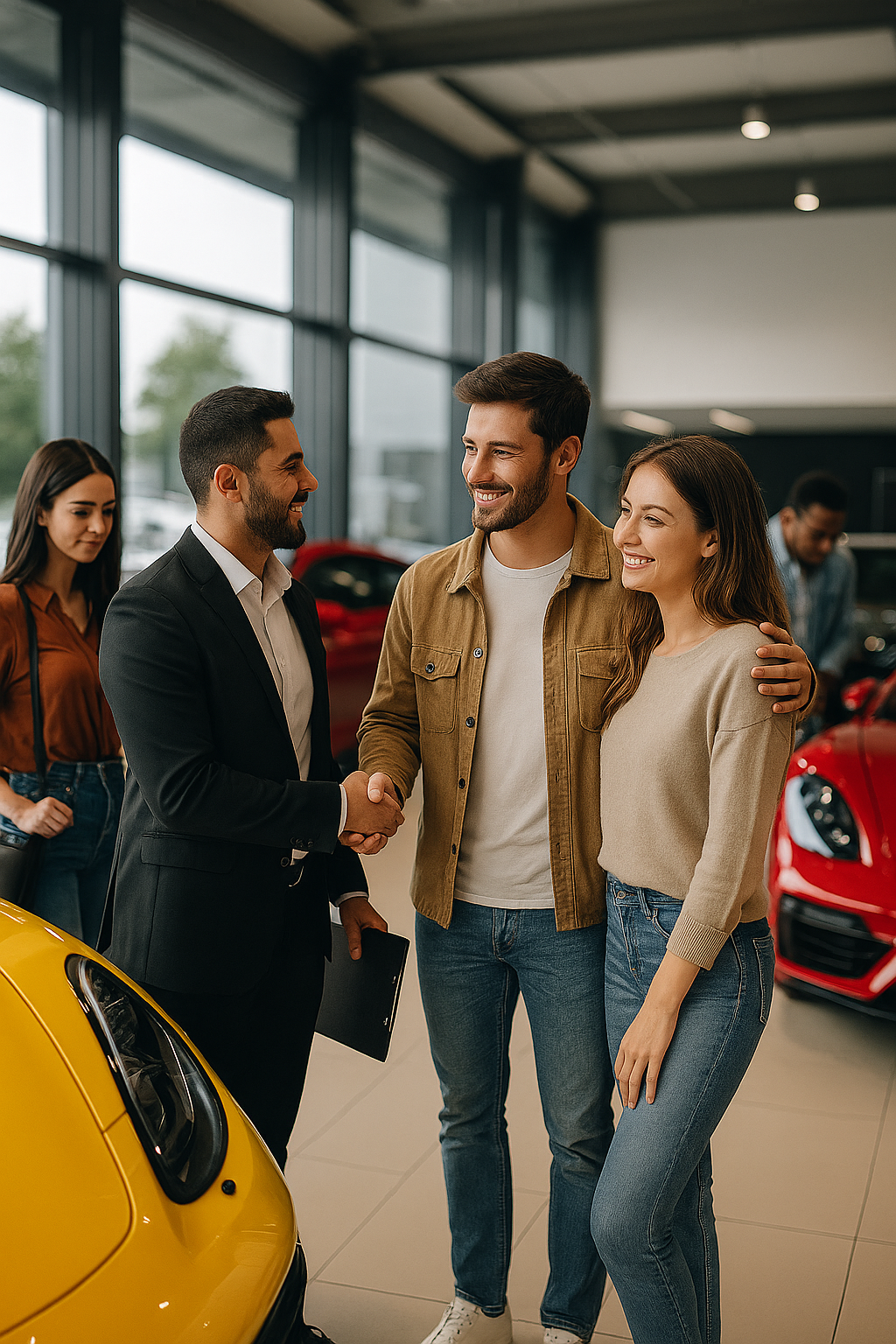 Smiling couple shakes hands with a car dealership representative after finalizing a luxury car purchase.
