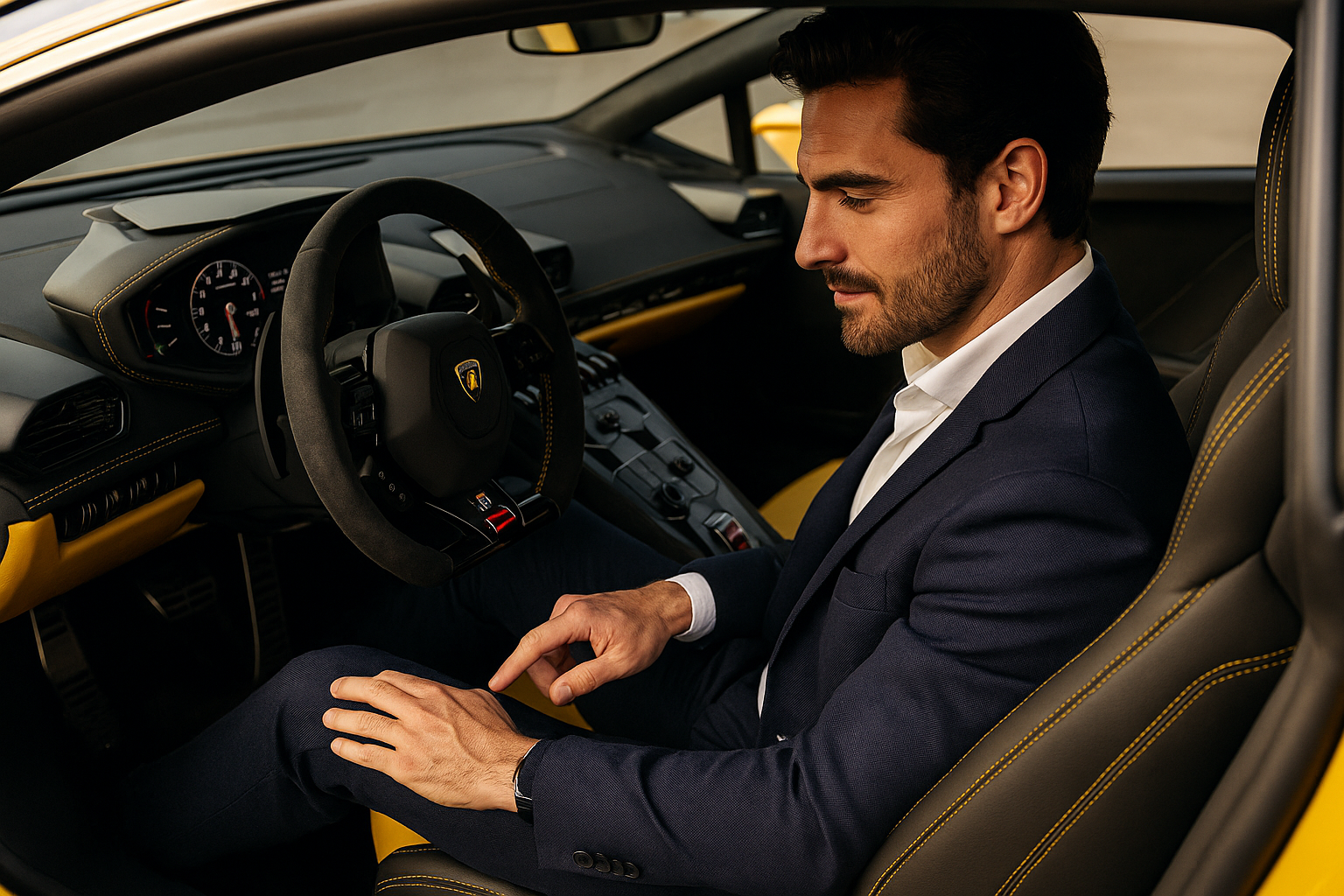 Man in a tailored suit sitting inside a Lamborghini Huracán, preparing for a luxury drive.