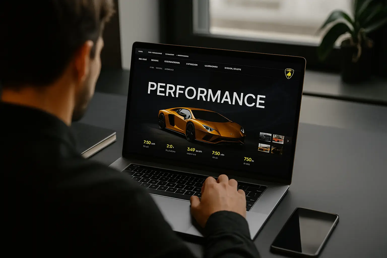 Man reviewing a Lamborghini performance webpage on a laptop, analyzing digital marketing and automotive website design
