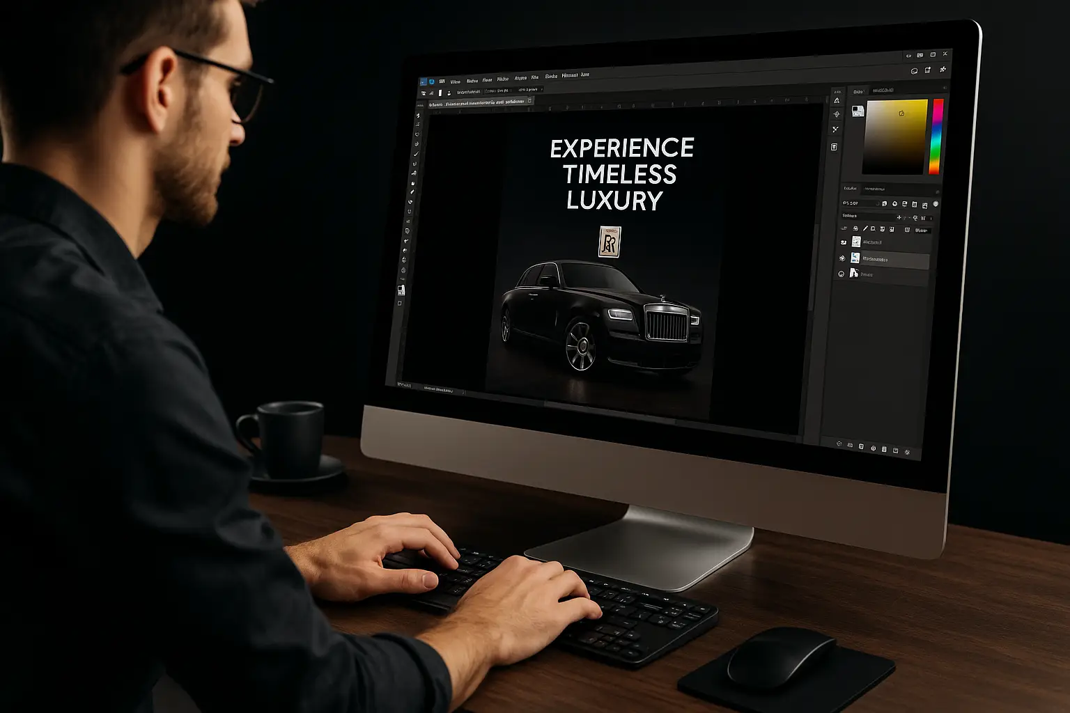 Designer working on a luxury Rolls-Royce advertisement in Photoshop, showcasing high-end automotive branding
