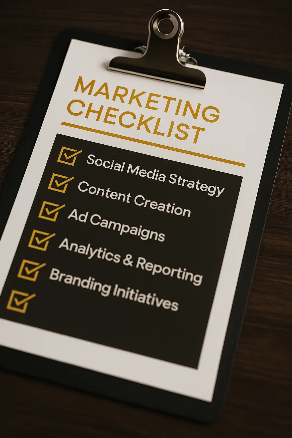 Marketing checklist on clipboard with focus areas including social media strategy, content creation, ad campaigns, analytics, and branding initiatives