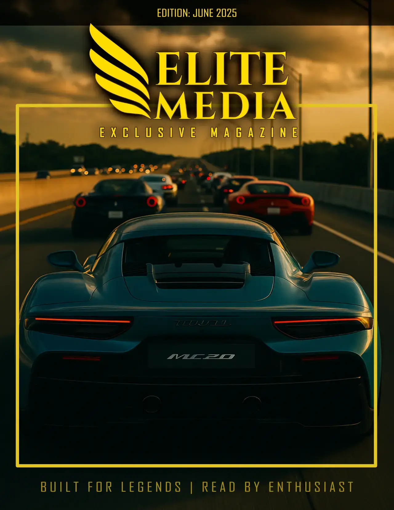 Rear view of a Maserati MC20 supercar driving on the highway at sunset, featured on the cover of Elite Media Exclusive Magazine