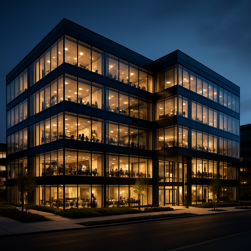 Modern glass office building glowing at night with visible interior lighting and people working inside.