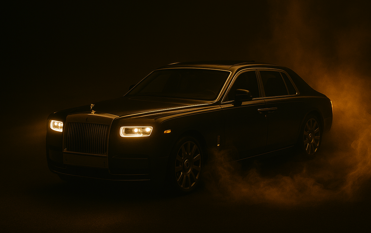 Rolls-Royce Phantom luxury sedan surrounded by glowing orange smoke in a dark cinematic studio setting.