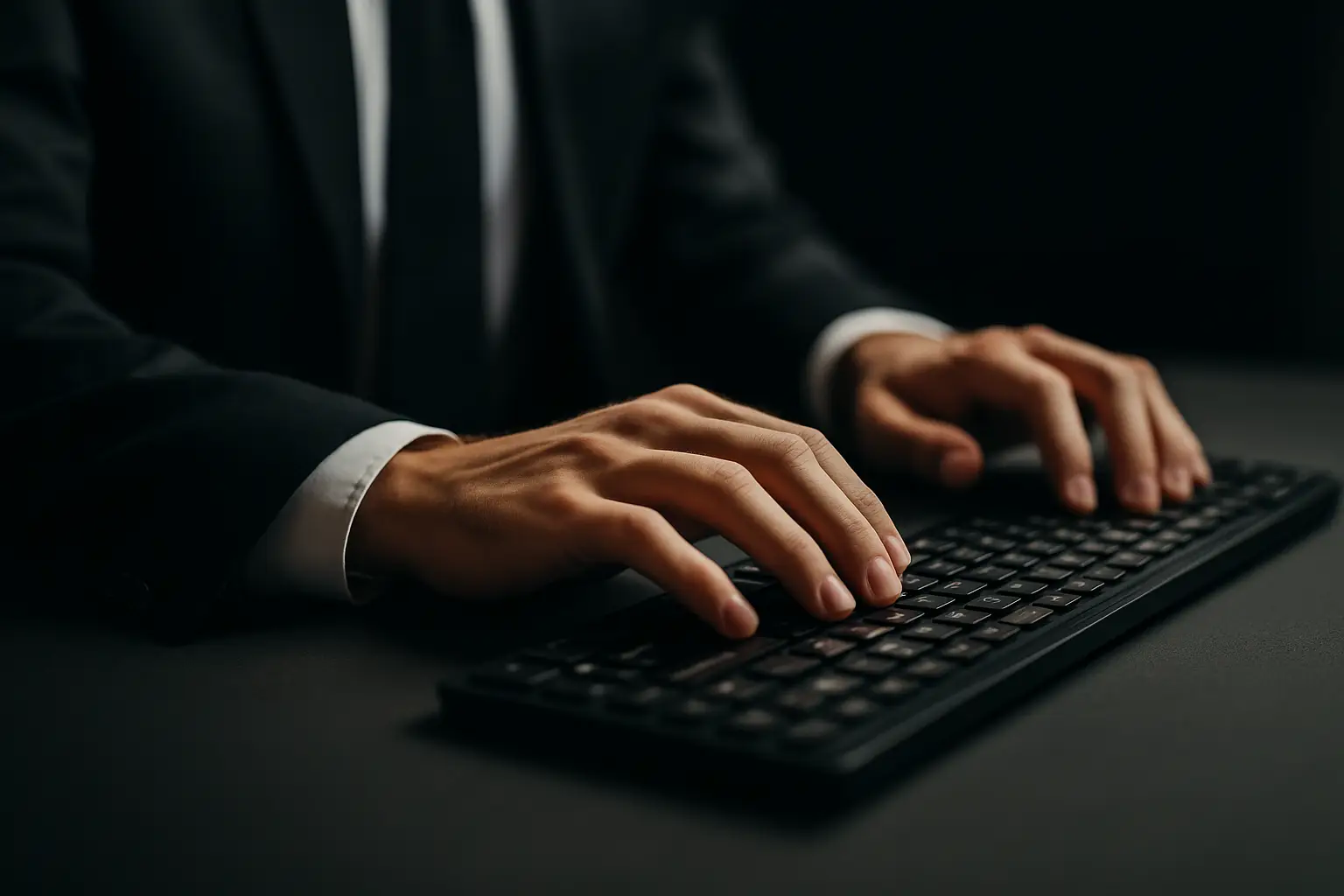 Close-up of a businessman in a suit typing on a keyboard, symbolizing SEO strategy execution