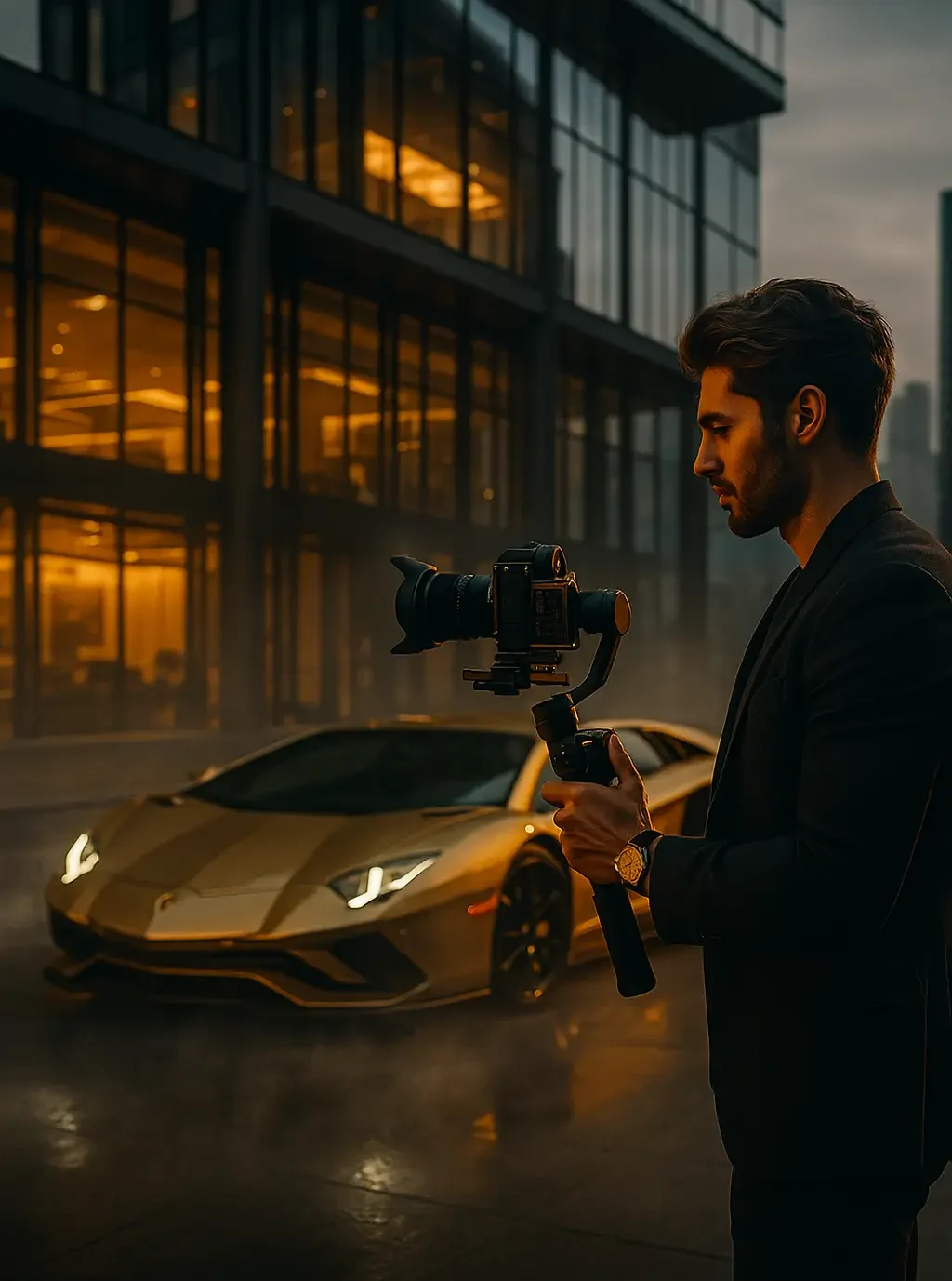 Videographer filming luxury Lamborghini in front of modern glass office building at sunset with cinematic lighting