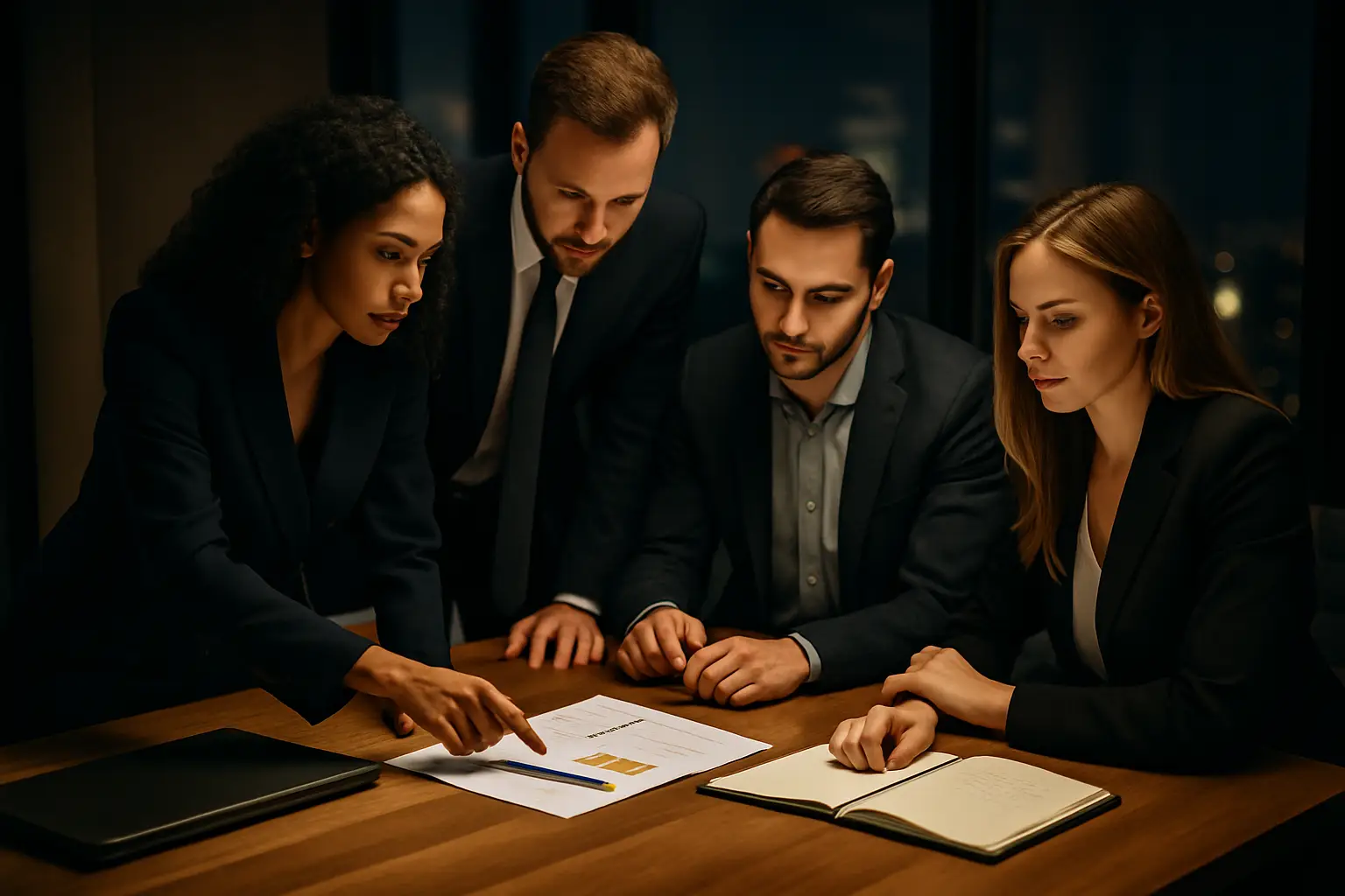 Diverse marketing team engaged in a late-night strategic planning session, analyzing charts and taking notes at a conference table