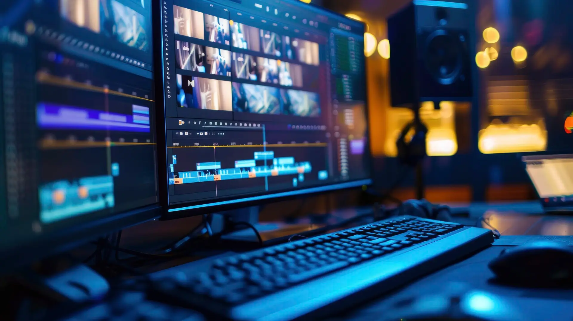 Dual-monitor video editing setup displaying a professional timeline interface with cinematic footage and audio tracks in a creative studio environment