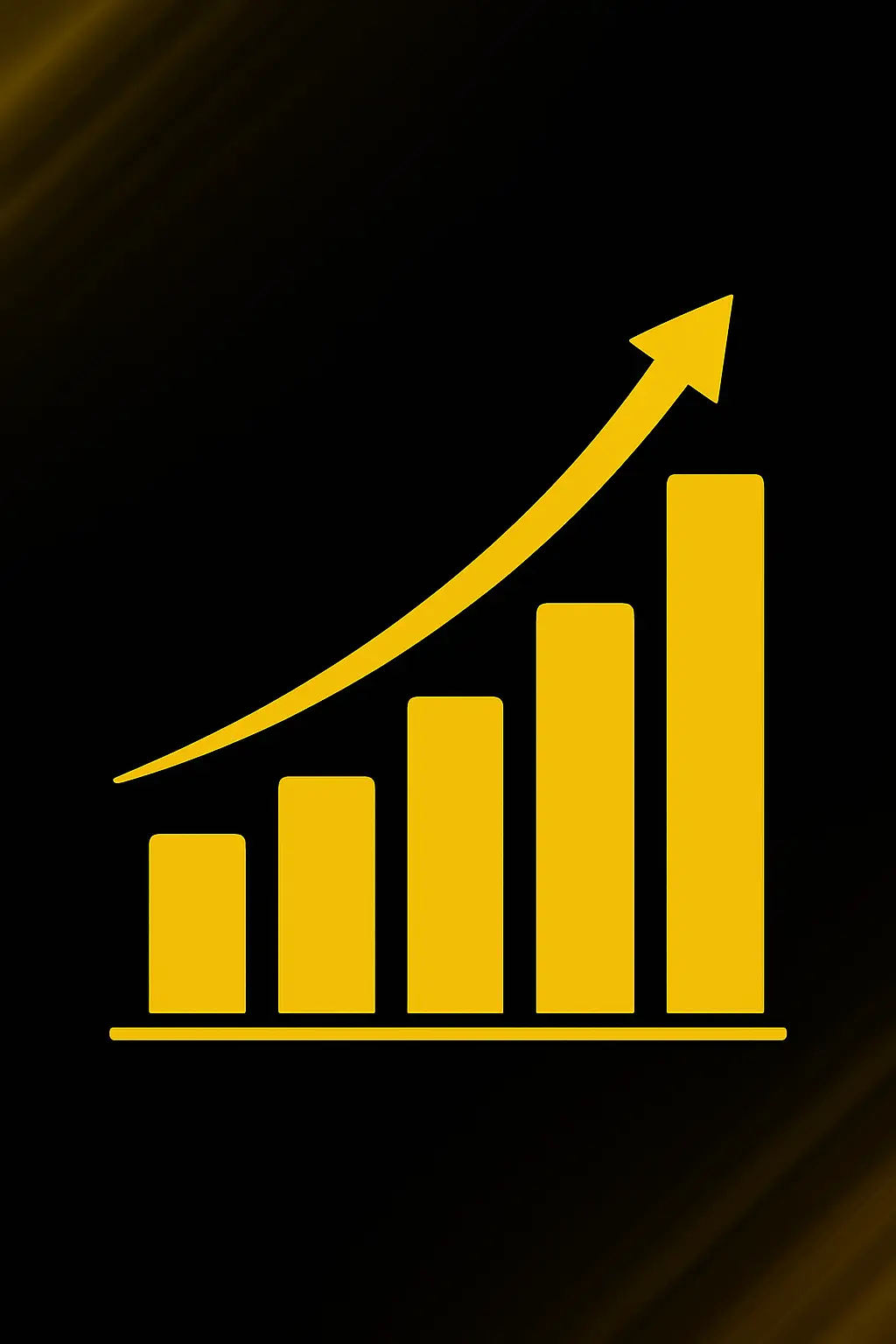 Yellow bar graph with upward arrow symbolizing business growth and performance, on a dark gradient background.
