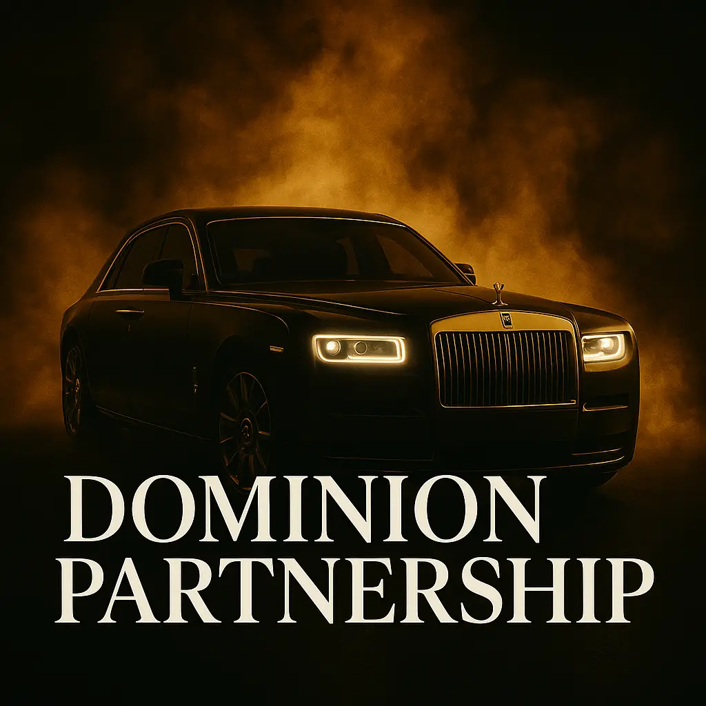Rolls-Royce illuminated in golden smoke with bold Dominion Partnership text in luxury design