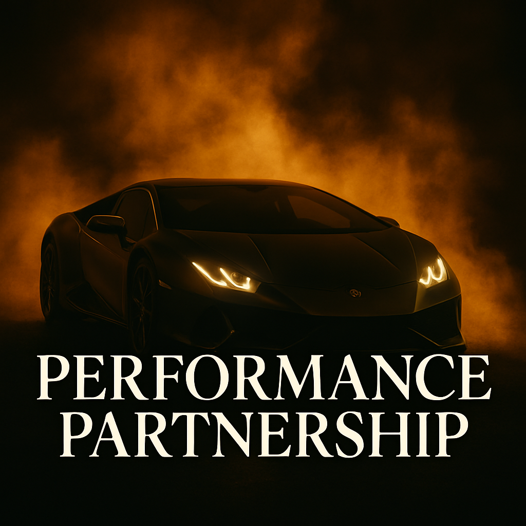Black Lamborghini with headlights on in golden smoke backdrop under Performance Partnership title