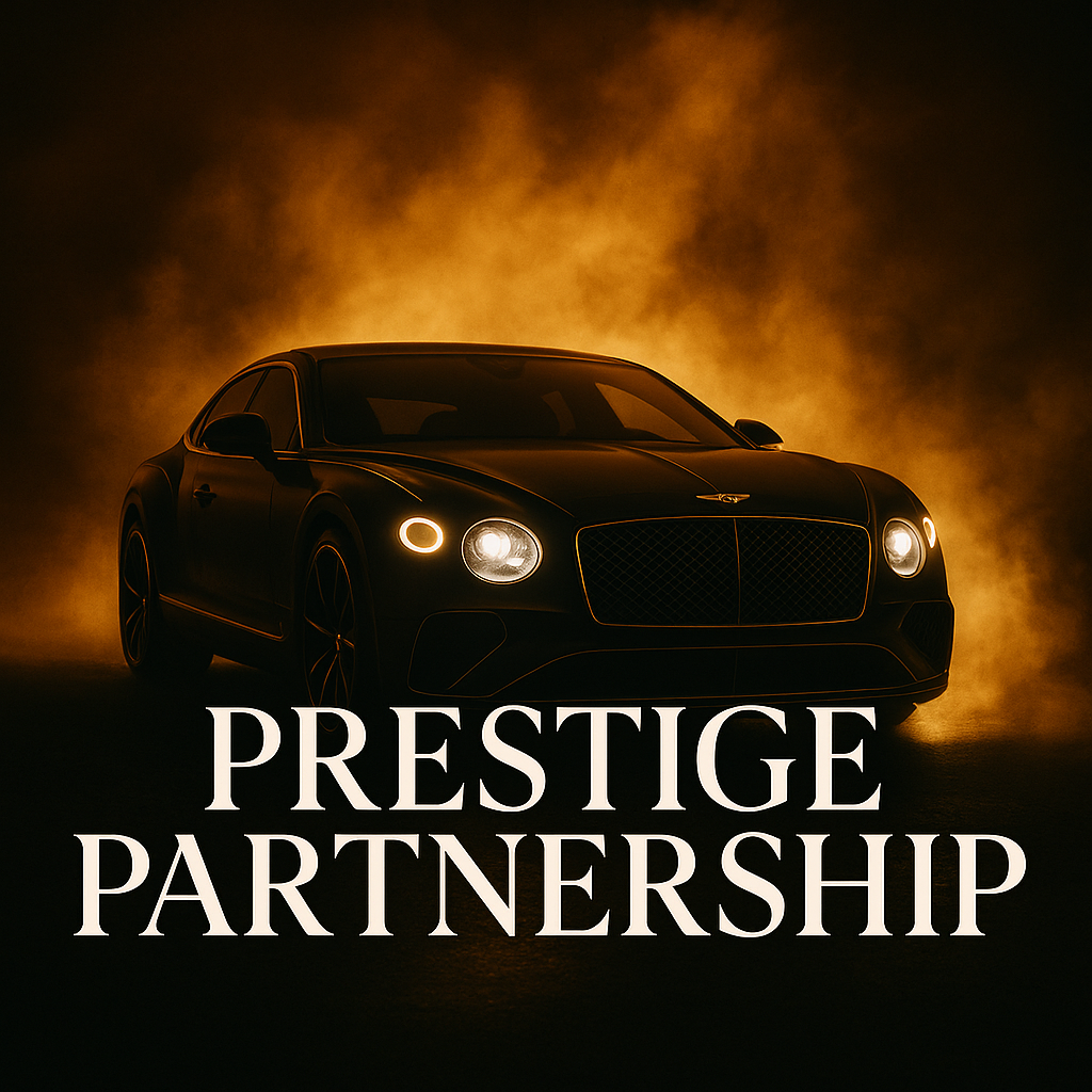 Luxury black Bentley car with glowing lights in golden smoke under Prestige Partnership headline