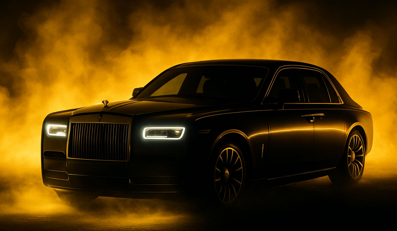Rolls-Royce Phantom luxury sedan dramatically lit with golden smoke in the background and glowing headlights.