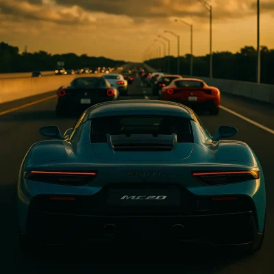 Rear view of a Maserati MC20 supercar driving on the highway at sunset, featured on the cover of Elite Media Exclusive Magazine